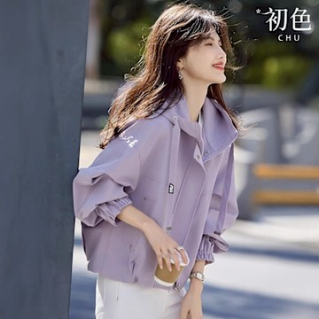 初色 休閒風純色簡約短款寬鬆抽繩連帽夾克外套女外套-共4色-11651(M-3XL可選)