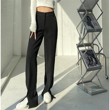 春秋開叉西裝褲女顯瘦百搭高腰寬松垂感拖地休閑闊腿褲夏直筒長褲