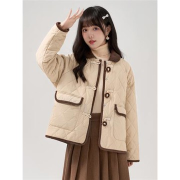 帛卡琪2024冬季新款POLO領菱格撞色羽絨棉服女小香風短款棉襖外套