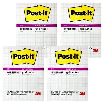 3M Post-it 利貼 狠黏 方格便條紙 657S-GRID 76.2 x 101.6mm  白色灰格  100張  4組