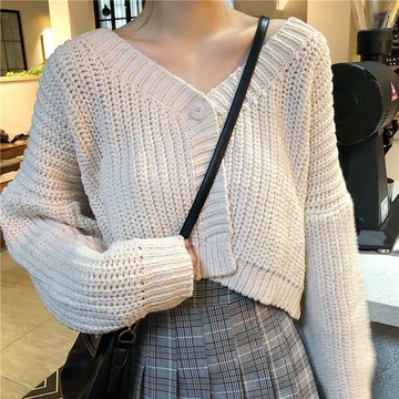 免運-2024新款甜美可愛學院風女生上衣寬鬆外穿短款長袖一粒扣針織開衫