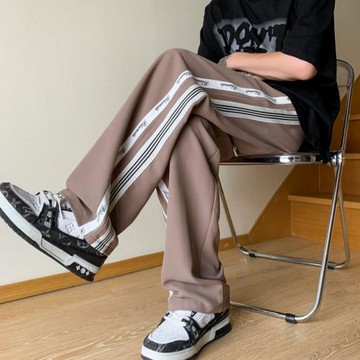 休閑褲男春秋款美式復古條紋運動褲直筒寬松拖地長褲垂感闊腿褲潮