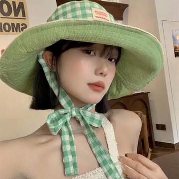 薄荷曼波千鳥格系帶防曬漁夫帽子女夏季雙面可戴大帽檐遮陽太陽帽