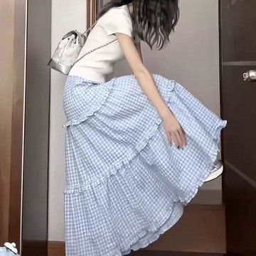 台灣出貨 藍白格子中長款a字蛋糕裙女春夏季小個子高腰遮胯顯瘦半身裙 a字裙 大碼半身裙 半身裙 裙子女