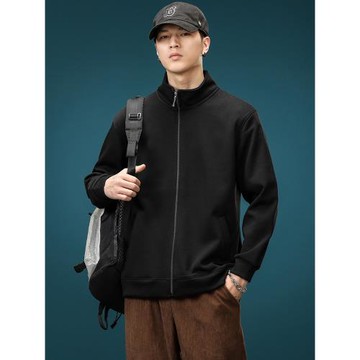 加絨純棉開衫衛衣男秋冬季加厚寬松大碼休閑上衣立領無帽拉鏈外套