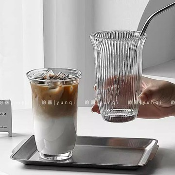 ins透明簡約玻璃杯冰拿鐵冷飲杯果茶果汁杯美式古典家用寬口水杯