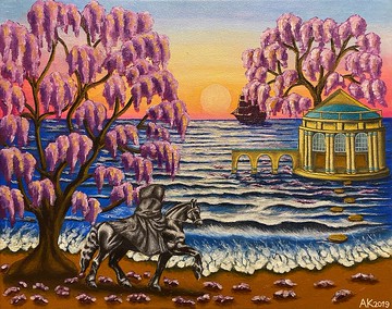 參觀、原創油畫、布面油畫、馬、風景、浪漫