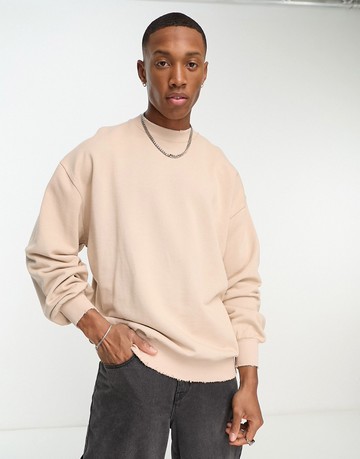 ASOS DESIGN oversized sweatshirt with t-shirt collar and nibbling in beige-Neutral
