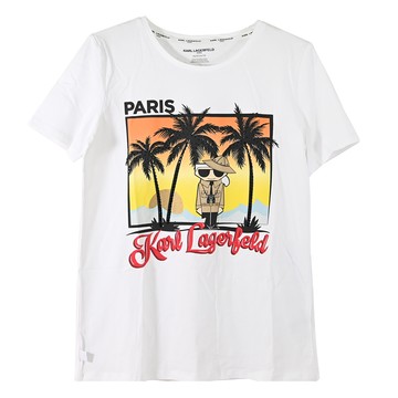 KARL LAGERFELD 卡爾 黑鑽海灘卡爾公仔棉質短T恤.白