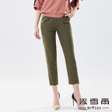 MYVEGA麥雪爾 配色織帶前褲管開衩顯瘦長褲-淺綠