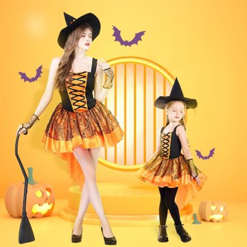 萬圣節服裝Cospla y演出服親子橙色女巫扮演連衣裙南瓜蓬蓬吊帶裙