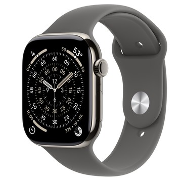 Apple Watch Series 11 (GPS + 行動網路)；46 公釐原色鈦金屬錶殼；灰石色運動型錶帶 - M/L