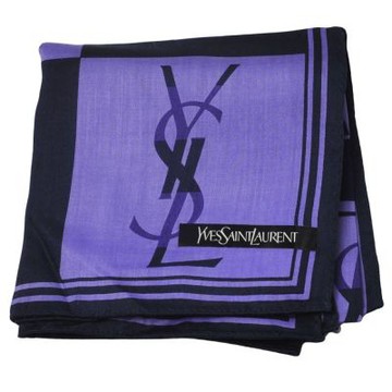 YSL Yves Saint Laurent 紫黑棋盤格圖騰字母LOGO帕領巾(51CM)