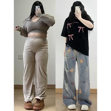 300斤胖mm大碼美式復古小熊刺繡牛仔褲女高腰寬松垂感直筒闊腿褲
