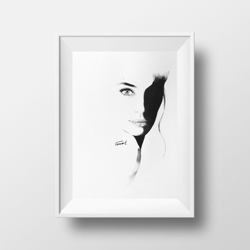 女星裘莉水彩畫/北歐風鉛筆素描水彩畫/送禮家飾