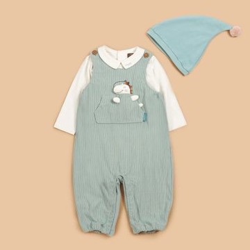 PIPPY 舒適兩件式可愛立體小恐龍吊帶褲3件組禮盒 綠