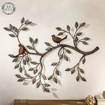 新款鐵藝裝飾畫比翼鳥彩色黃綠樹枝鳥壁掛畫掛件時尚簡約墻裝飾品