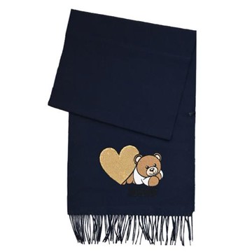 MOSCHINO 30816 M3167 亮片愛心貼花小熊羊毛流蘇長圍巾.深藍