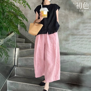 初色 棉麻風圓領短袖襯衫T恤上衣女上衣/純色寬鬆闊腿褲休閒褲寬褲長褲-共2色-36428(M-2XL可選)
