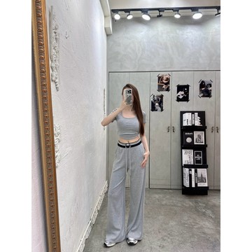 (現貨)獨家 美式休閒 方領短袖T+撞色抽繩寬褲 兩件套 罩杯可拆 托胸帶固定 垂感 視覺顯瘦 遮肉肉 女生套裝