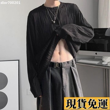 台灣限時低價 【精品男裝】鞦季長袖T恤男學生韓版寬鬆褶皺紋理上衣氣質圓領套頭休閒男裝潮jioyh BTJB