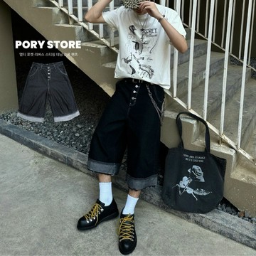【PORY STORE】 韓國 city boy 多口袋 反車線 復古 牛仔褲 七分褲 短褲 百搭 休閒短褲