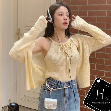 綁帶背心開襟兩件套【8101】春秋新款韓系INS渡假出遊針織純色無袖圓領氣質網紅純欲百搭設計感 兩件式上衣