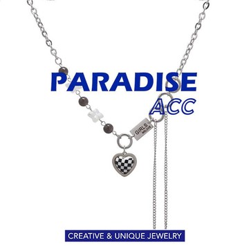 PARADISE 黑珠鏈條黑白格子 爱心流蘇圓環拼接項鍊