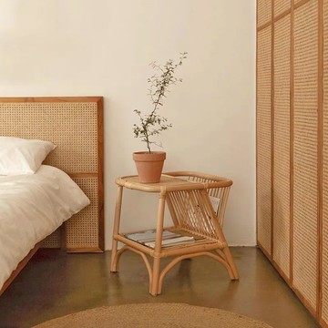 網紅藤編收納小茶幾雙層角幾簡約民宿日式邊幾迷你侘寂風床頭柜