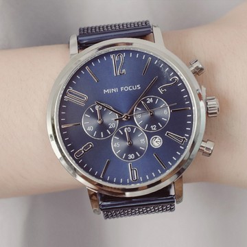 MINIFOCUS時間裡的戀人真三眼大錶面金屬米蘭鍊帶手錶【WMF0183】-銀邊藍面