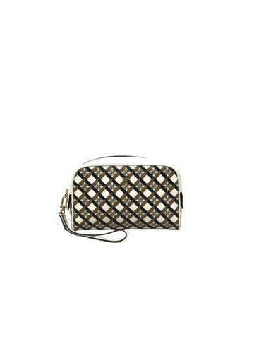 tory burch 棕色 拼色皮革手拿包