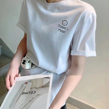 白色t恤女正肩棉質夏季新款寬松顯瘦笑臉印花chic港味潮牌上衣女