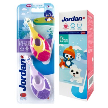 JORDAN 2入組0~2歲 固齒器 兒童牙刷-超軟刷毛+草莓牙膏組(紅點設計獎 DOGA設計大獎 顏色隨機)