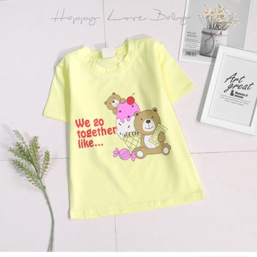 夏日甜點泰迪熊清爽淡黃棉質短袖上衣 春夏童裝 女童上衣 女童短袖 女童棉T 女童T恤 短袖上衣