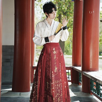 【桃喜Rich女裝】大碼男裝S-4XL 原創古風漢服 情侶CP裝 新國風白色提花上衣+紅色織金馬面裙 古典團體班服表演服