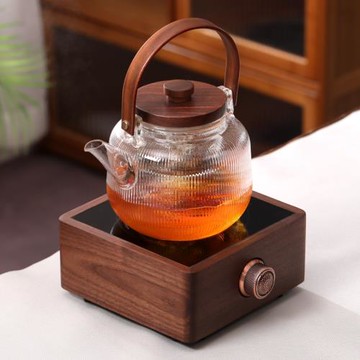 胡桃木電陶爐煮茶器煮茶壺煮白茶專用玻璃壺小型煮茶爐套裝耐高溫