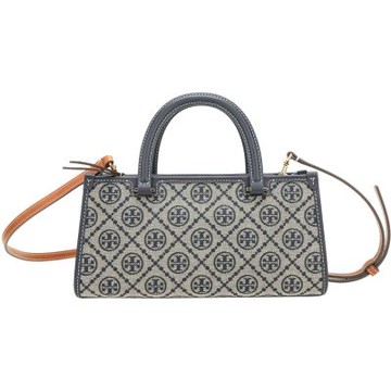 TORY BURCH T Monogram 小型 緹花編織拼皮革手提/斜背橫向托特包(海軍藍)