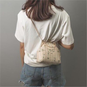 秋冬繡花圓環手提包純色編織鏈條