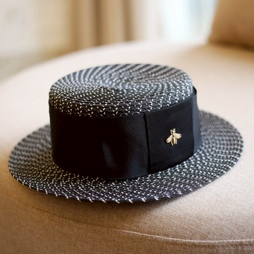 春夏平頂平沿黑白波點蝴蝶結出游防曬時裝帽草帽子女夏天韓版百搭1入