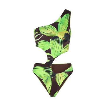 Louisa Ballou - Green Leaf Print One Shoulder Swimsuit