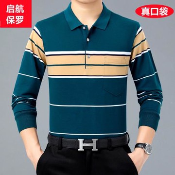 爸爸長袖t恤男裝40-50歲中年男士寬松大碼中老年人上衣翻領帶口袋