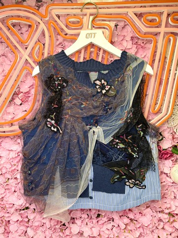 OTT獨一無二•Unique日系星河夢幻迷幻刺繡蕾絲牛仔針織恤衫上衣