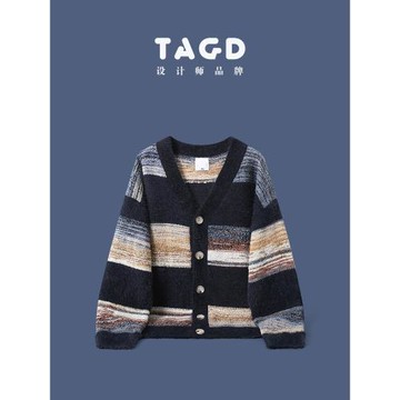 宇宙彩繪 TAGD 設計師品牌 民族風情侶油畫拼接彩色條紋毛衣男女