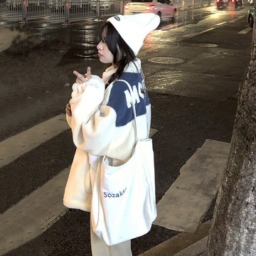 美式高街字母拼色羊羔毛外套2022早春女小眾加絨加厚韓版寬松ins