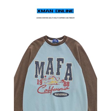 Xman美式復古做舊圓領撞色衛衣女學生插肩袖oversize潮流情侶外套