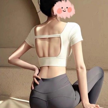 爆款直降價 瑜伽服 運動服 瑜珈上衣 運動上衣 健身衣服 帶胸墊瑜伽短袖T恤女短款性感露背健身普拉提訓練運動可...
