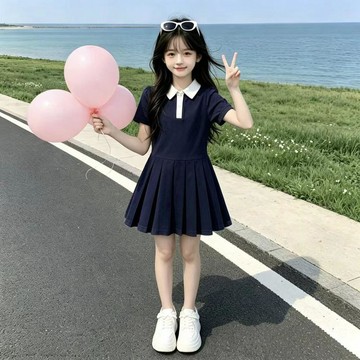 熱銷人氣王💥 女童夏季連衣裙 學院風百褶裙 簡約顯瘦 透氣珠地網眼 女孩裙子 薄款 ARMB