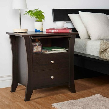 SkogLiv【工廠直營】【現貨供應】深咖啡色木紋 圓形把手 曲線木腳 圓腳面板 兩個抽屜 一個開放空間 現代北歐風格 附托盤床頭櫃 邊桌 床頭櫃 小茶几 小桌子 置物櫃 收納櫃 儲藏櫃 零食櫃 櫥物櫃