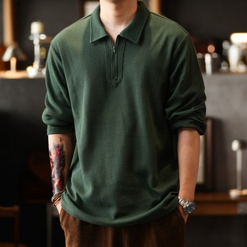 Wuluwear 330g重磅華夫格肌理感半拉鍊POLO衫男美式復古長袖上衣