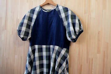 拉克蘭澎袖洋裝/ 綠藍格紋